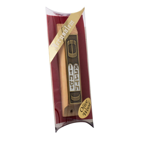 Reverse side mezuzah showing natural olive wood grain and enamel highlights