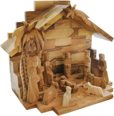 Hand-carved olive wood nativity scene with Bethlehem figures
