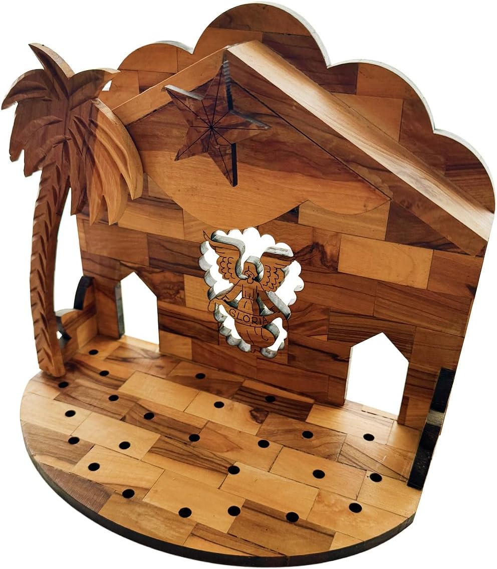 Olive wood Nativity music box with carved Bethlehem stable scene
