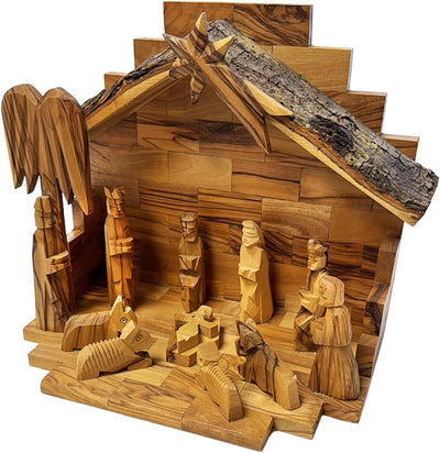handmade olive wood nativity set bethlehem stable