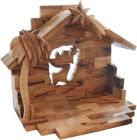 Olive wood nativity stable with Holy Angel cutout and star