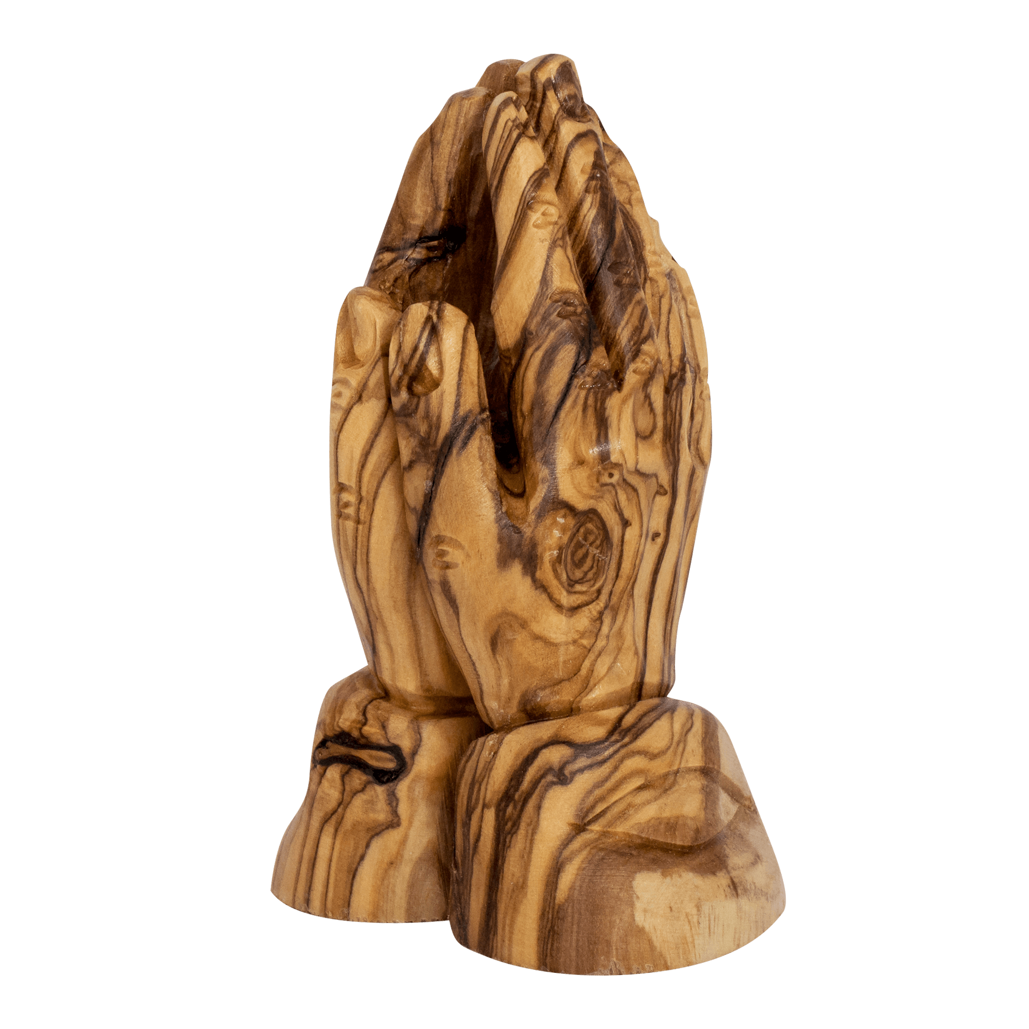 Close-up of carved fingers on olive wood praying hands figurine