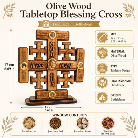 Product infographic for the olive wood tabletop blessing cross showing dimensions of 17x17 cm, Bethlehem origin, and window contents with frankincense, Jerusalem soil, stones, and Holy Land flowers.