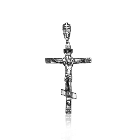 Engraving detail on sterling silver Orthodox crucifix pendant
