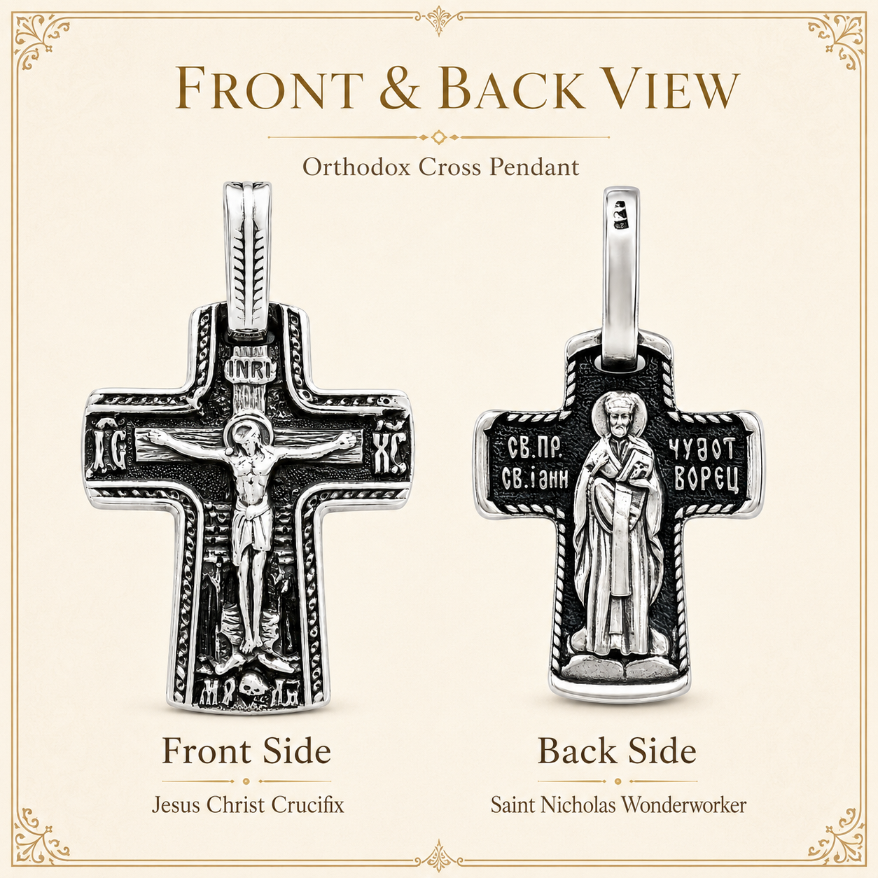 Infographic showing front and back views of a silver-tone Orthodox cross pendant, with Jesus Christ crucifix on one side and Saint Nicholas Wonderworker with Cyrillic inscriptions on the reverse, on a cream background.
