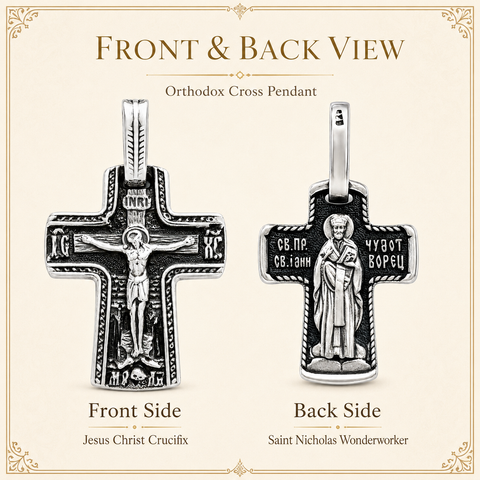 Infographic showing front and back views of a silver-tone Orthodox cross pendant, with Jesus Christ crucifix on one side and Saint Nicholas Wonderworker with Cyrillic inscriptions on the reverse, on a cream background.