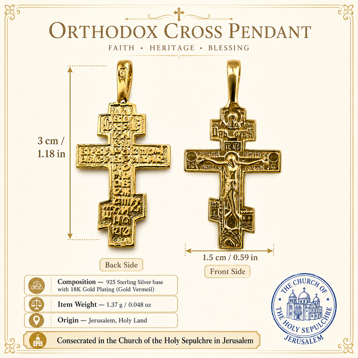 Orthodox Cross Pendant with front and back views, 925 sterling silver base with 18K gold plating, Jerusalem Holy Land origin, measurements, weight, and Church of the Holy Sepulchre seal
