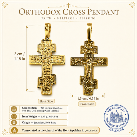 Orthodox Cross Pendant with front and back views, 925 sterling silver base with 18K gold plating, Jerusalem Holy Land origin, measurements, weight, and Church of the Holy Sepulchre seal