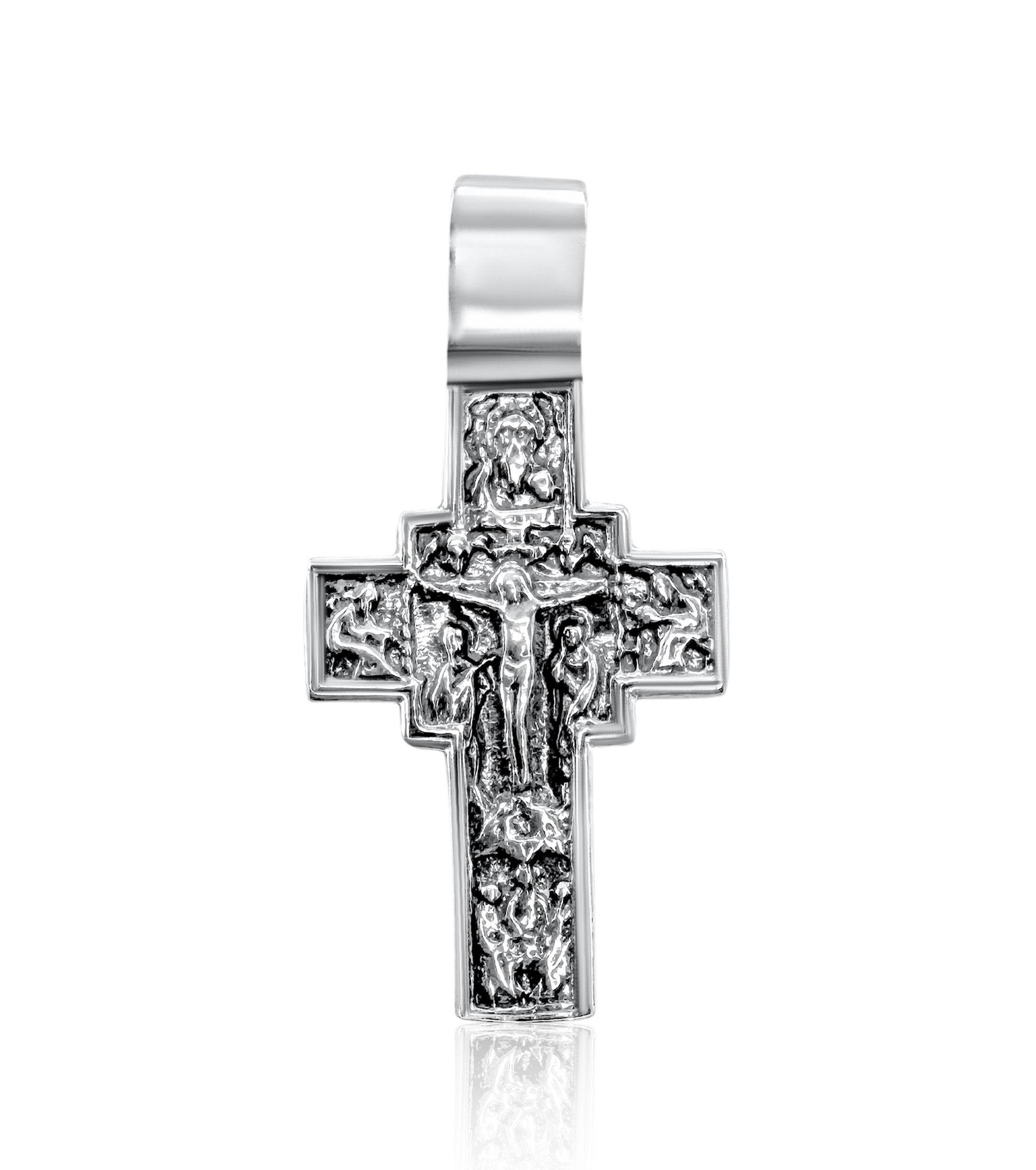 Large double-sided Orthodox crucifix necklace, Jerusalem silver
