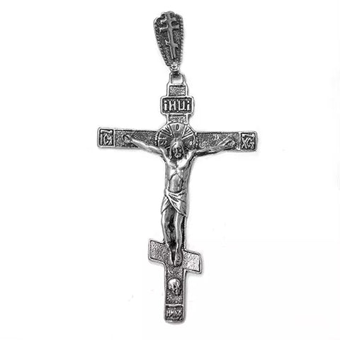 Angled crucifix necklace in sterling silver with Orthodox design
