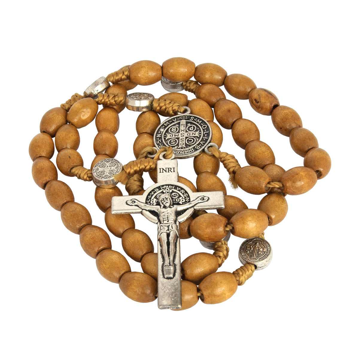 Angled perspective of oval rosary beads necklace with detailed crucifix