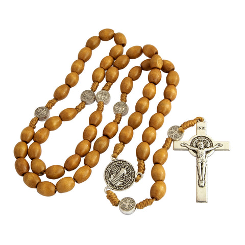 Christian rosary necklace angled with oval silver beads