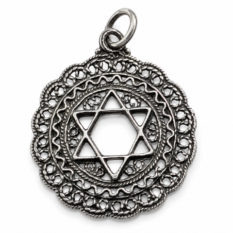 Front-view silver-tone Star of David pendant with dark oxidized details, openwork filigree, scalloped circular border, textured rope accents, and a hanging ring on a white background