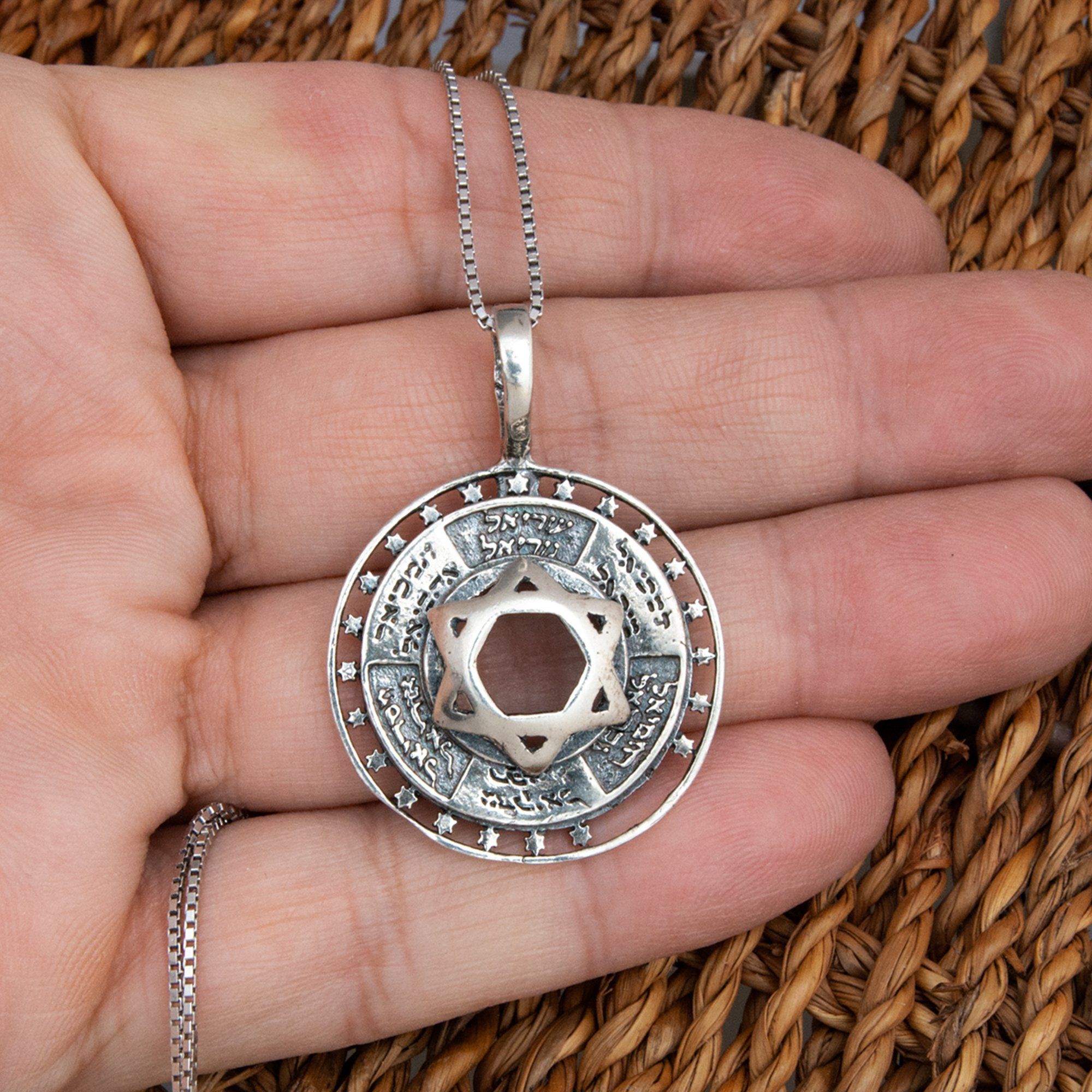 Pendant - Silver 925 Jewish Magen David Pendant Names Of 12 Angels Star Of David Judaica Ø 1.1"