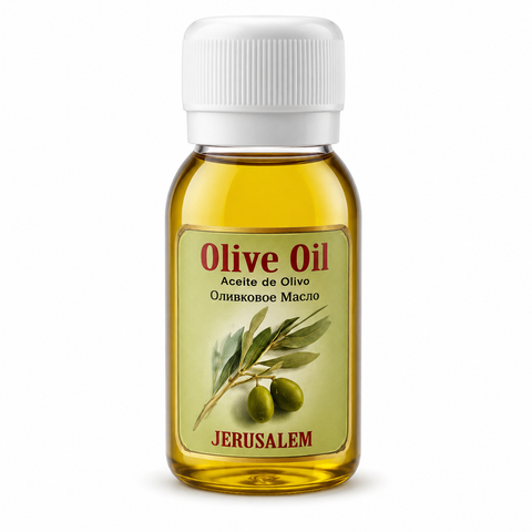 Authentic clear bottle of red virgin olive oil blessed in Jerusalem with a secure white cap on a white background.