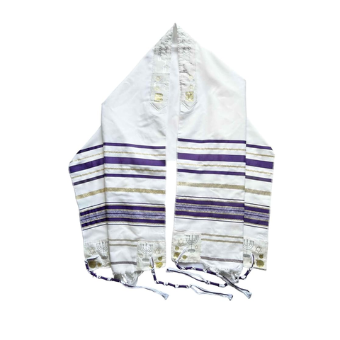 Purple Jewish prayer shawl made in Israel, angled front view.

