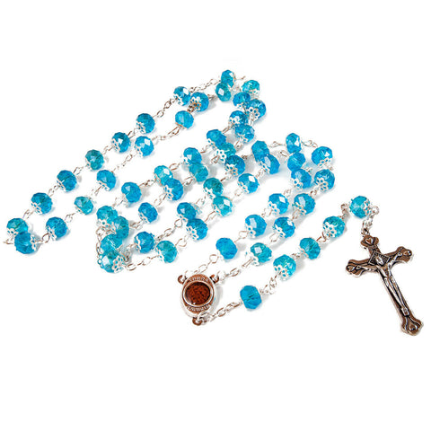 Rosary Prayer Beads INRI Light Blue Crystal Beaded w/ Holy Soil Jerusalem 22"