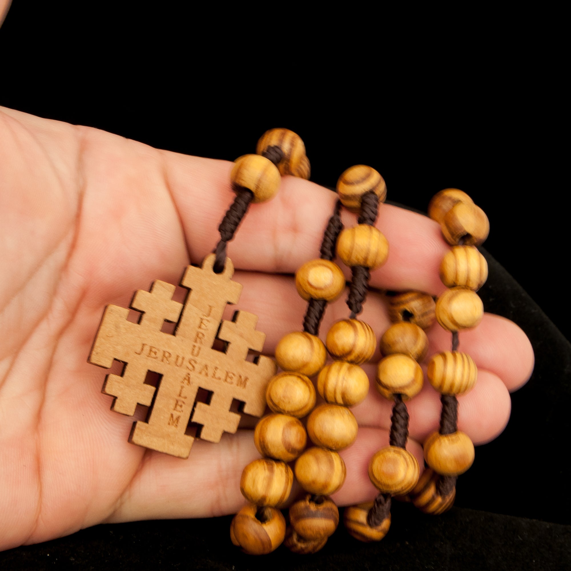 Full necklace view of Holy Land rosary beads with Jerusalem Cross