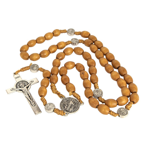 Back engraving detail of Benedict crucifix on silver rosary necklace