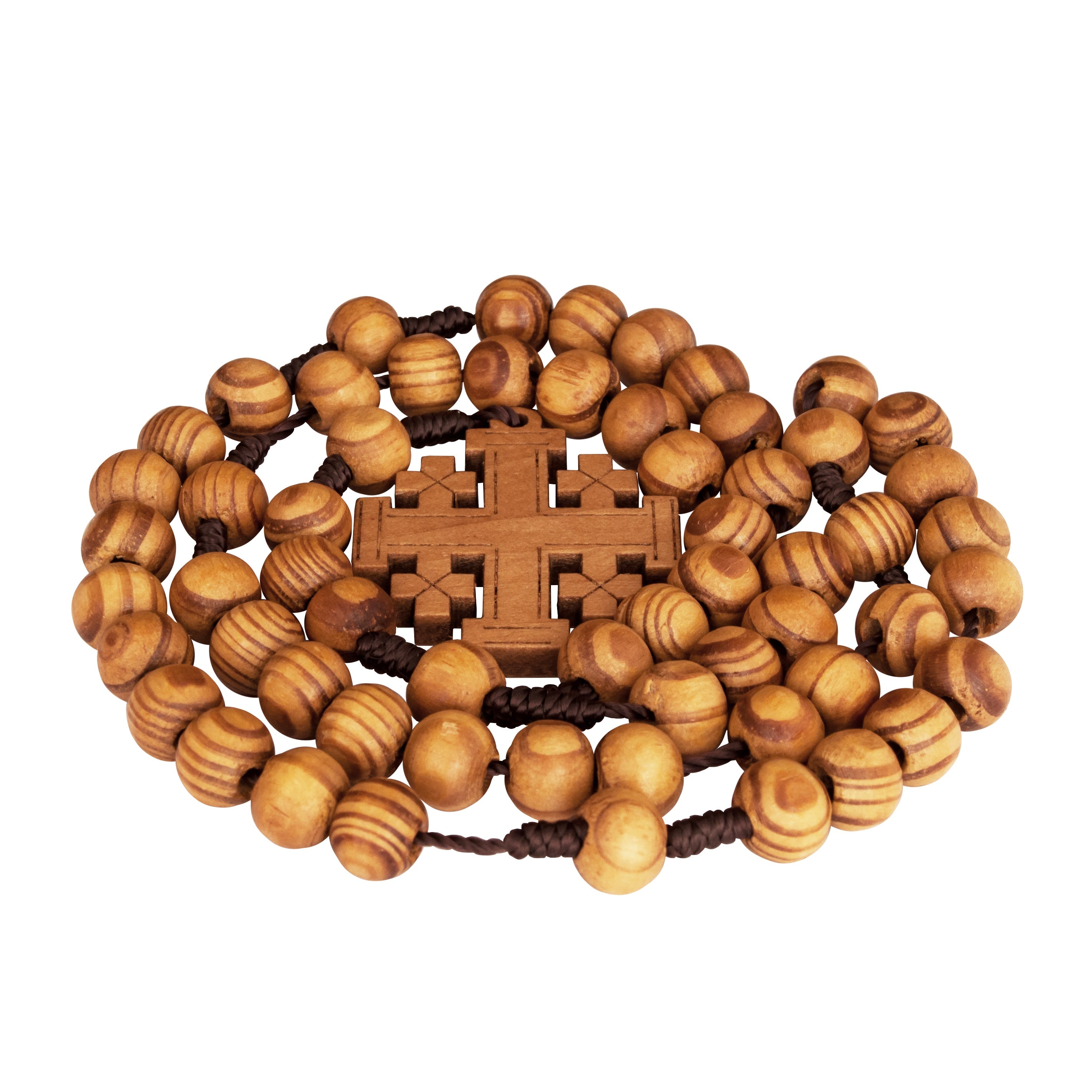 Wooden rosary beads 16 inch with Jerusalem Cross front view