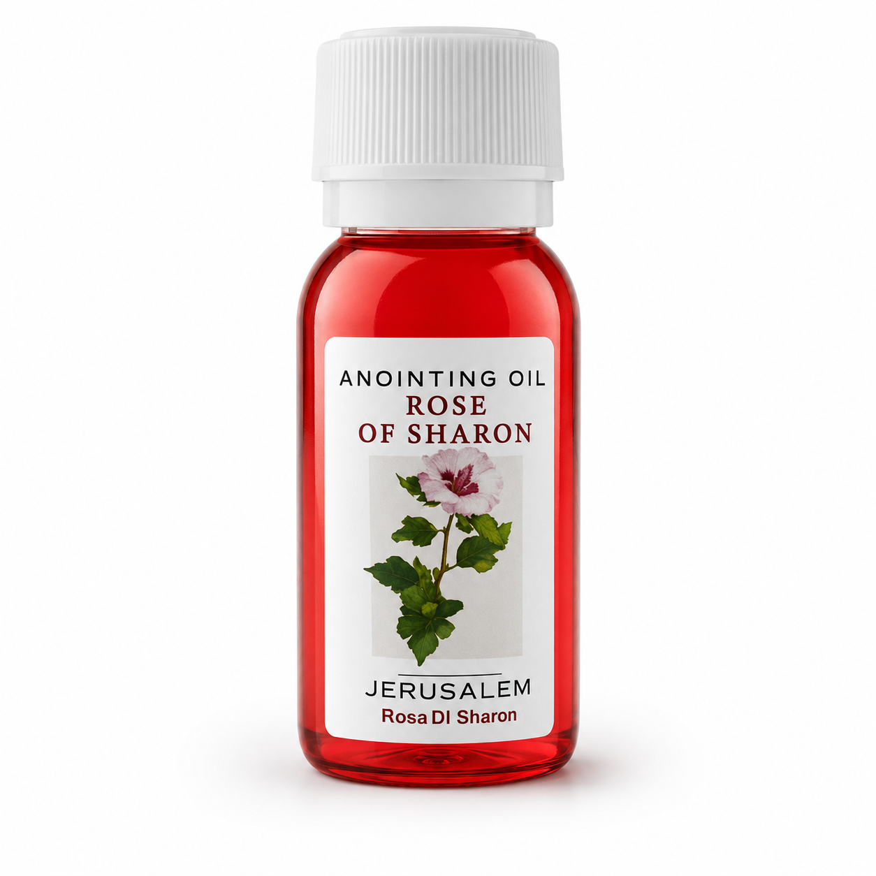 Rose of Sharon anointing oil bottle from Jerusalem with floral biblical label and white cap on white background