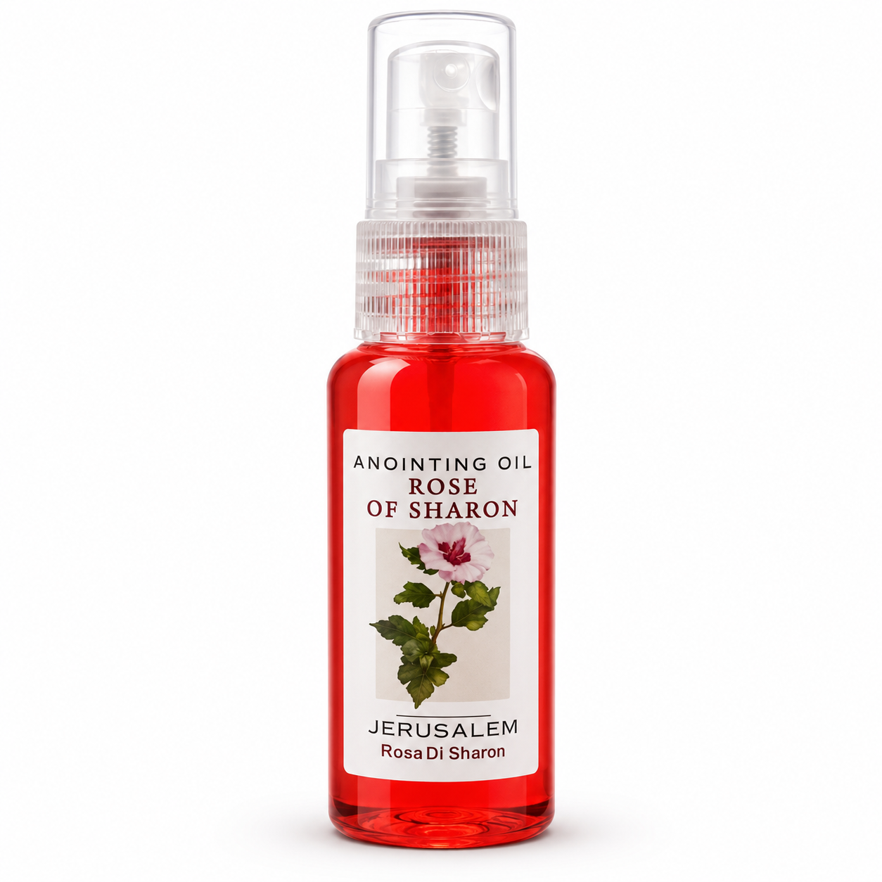Clear spray bottle filled with red Rose of Sharon anointing oil, white label with flower illustration and Jerusalem text, transparent cap, front-facing view on white background