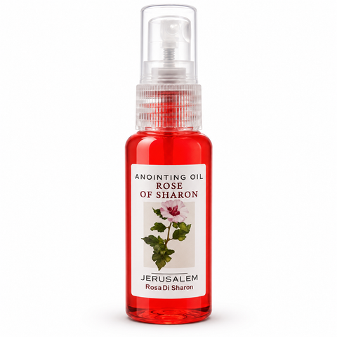 Clear spray bottle filled with red Rose of Sharon anointing oil, white label with flower illustration and Jerusalem text, transparent cap, front-facing view on white background