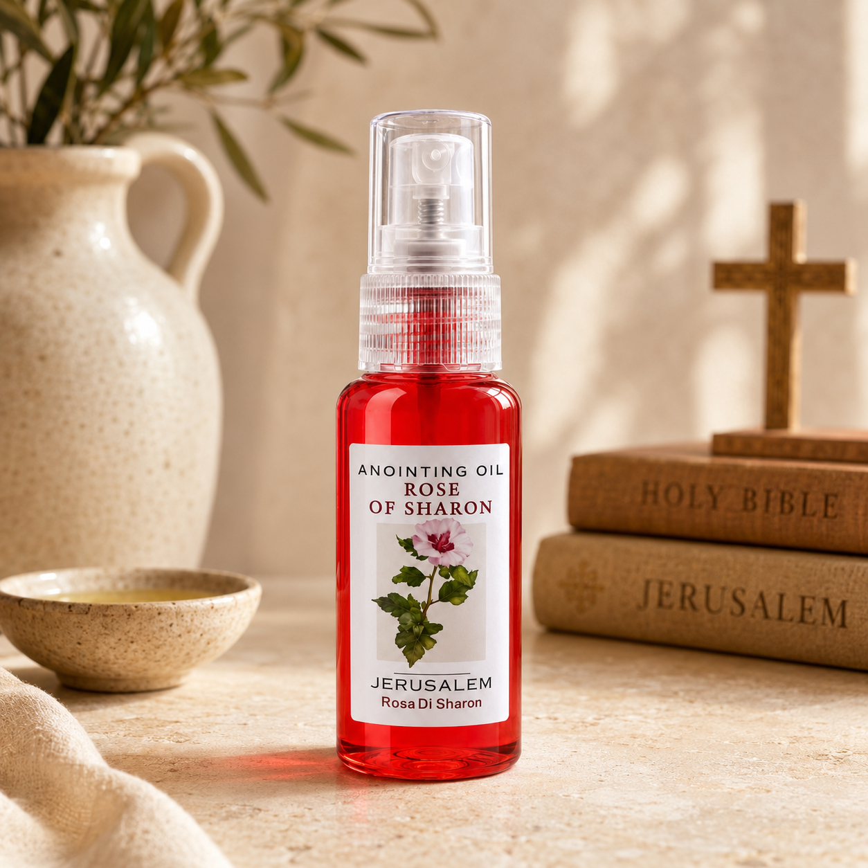 Red Rose of Sharon anointing oil spray bottle with white floral label and transparent cap, displayed on a stone surface with bowl, vase, books, wooden cross, and warm interior light.