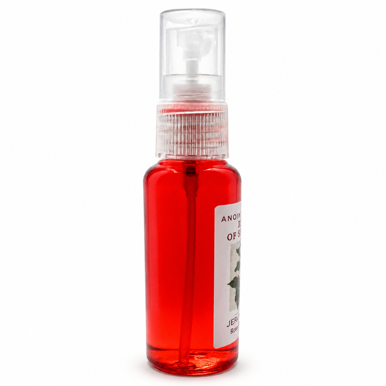Side view of clear spray bottle filled with red Rose of Sharon anointing oil, partial white floral label, visible inner spray tube, transparent cap, on white background.