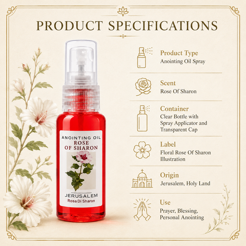 Product specification graphic for red Rose of Sharon anointing oil spray, clear bottle with transparent cap, floral label, Jerusalem origin, prayer use, cream background with flower artwork.