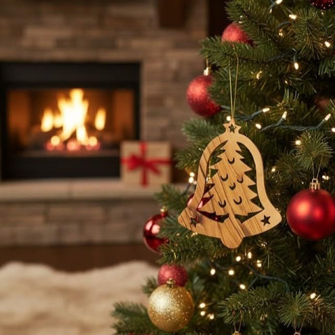 Decorated Christmas tree with a wooden bell ornament in front of a fireplace.