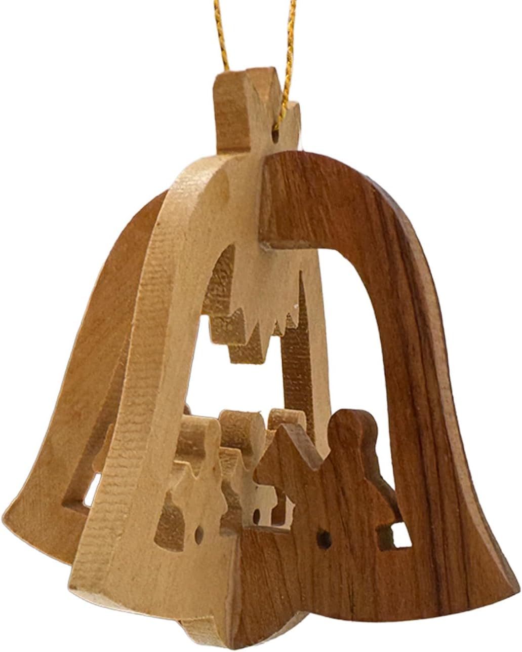 Rustic olive wood Christmas bell with carved nativity details
