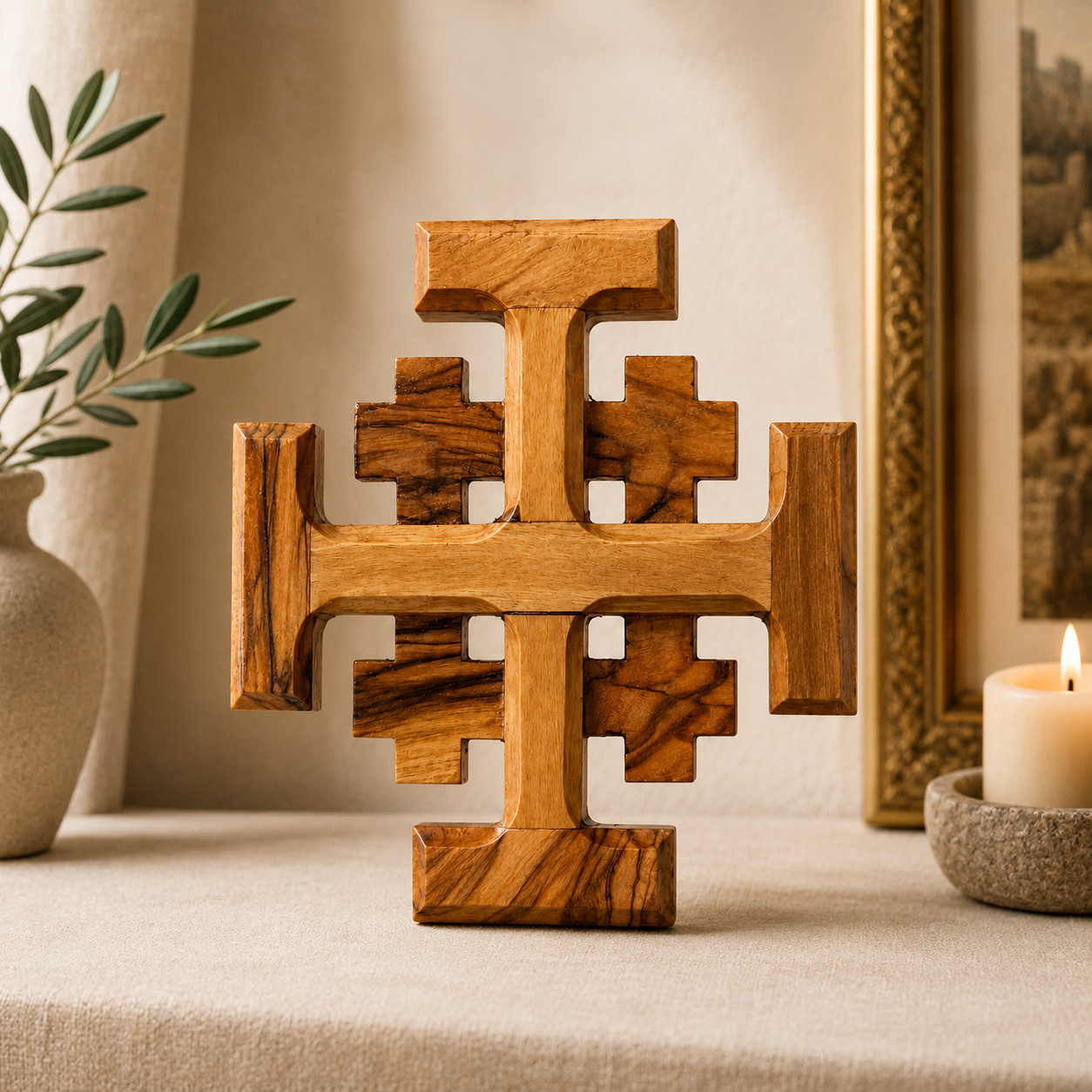Artistic lifestyle shot: Holy Land olive wood cross resting on a rustic wooden table