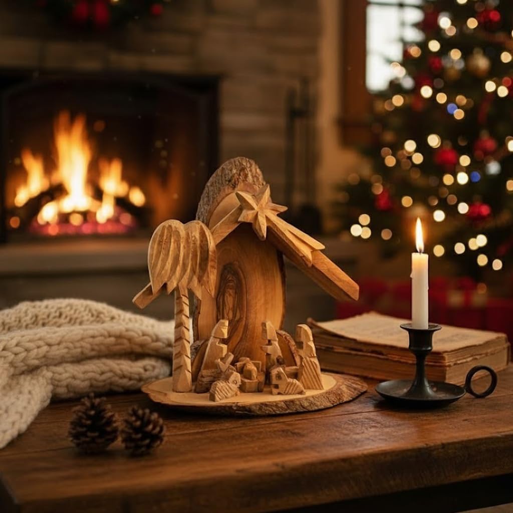 Wooden nativity scene with a candle on a table in front of a fireplace and Christmas tree.
