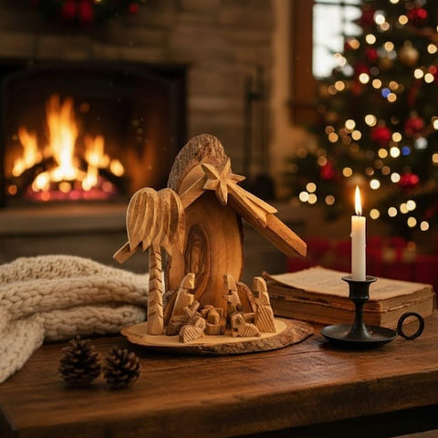 Wooden nativity scene with a candle on a table in front of a fireplace and Christmas tree.