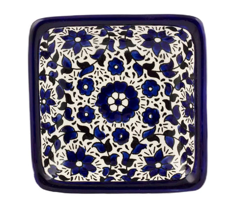 Blue Floral Shalom Armenian Ceramic Tray Small Pottery Enamel Decorative 4" x 4"