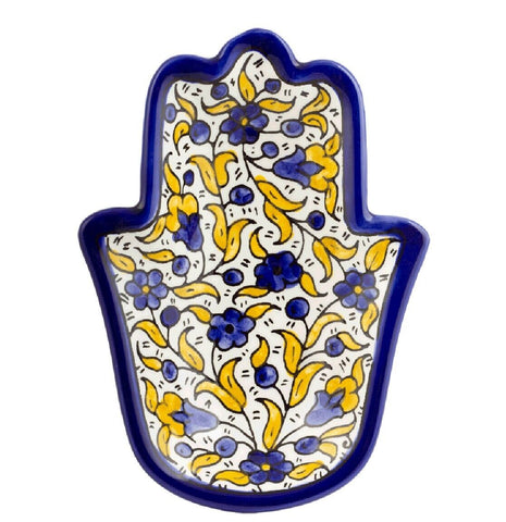 Yellow & Blue Armenian Ceramic Hamsa Bowl with Flowers 18cm/7"
