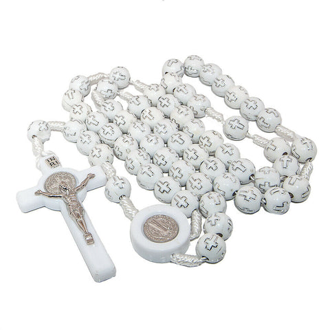 White Rosary Beads Decorated with Cross Decor with Order of Saint Benedict 20"