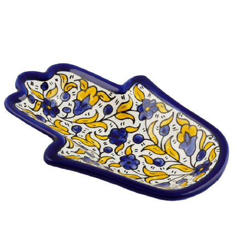 Yellow & Blue Armenian Ceramic Hamsa Bowl with Flowers 18cm/7"