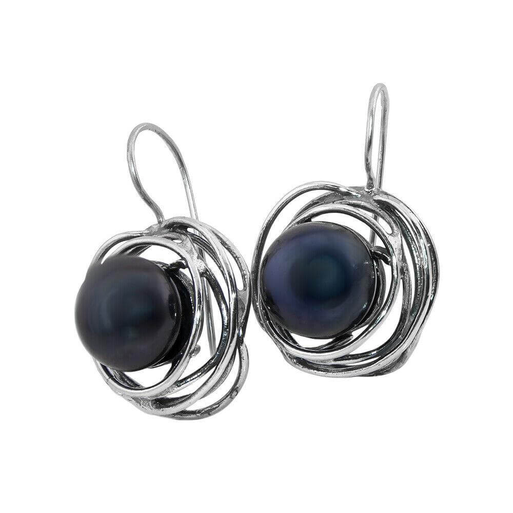 Handmade Sterling Silver Earrings w/Natural Black Pearl from Israel 1,27"
