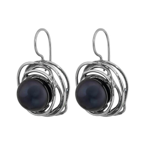 Handmade Sterling Silver Earrings w/Natural Black Pearl from Israel 1,27"
