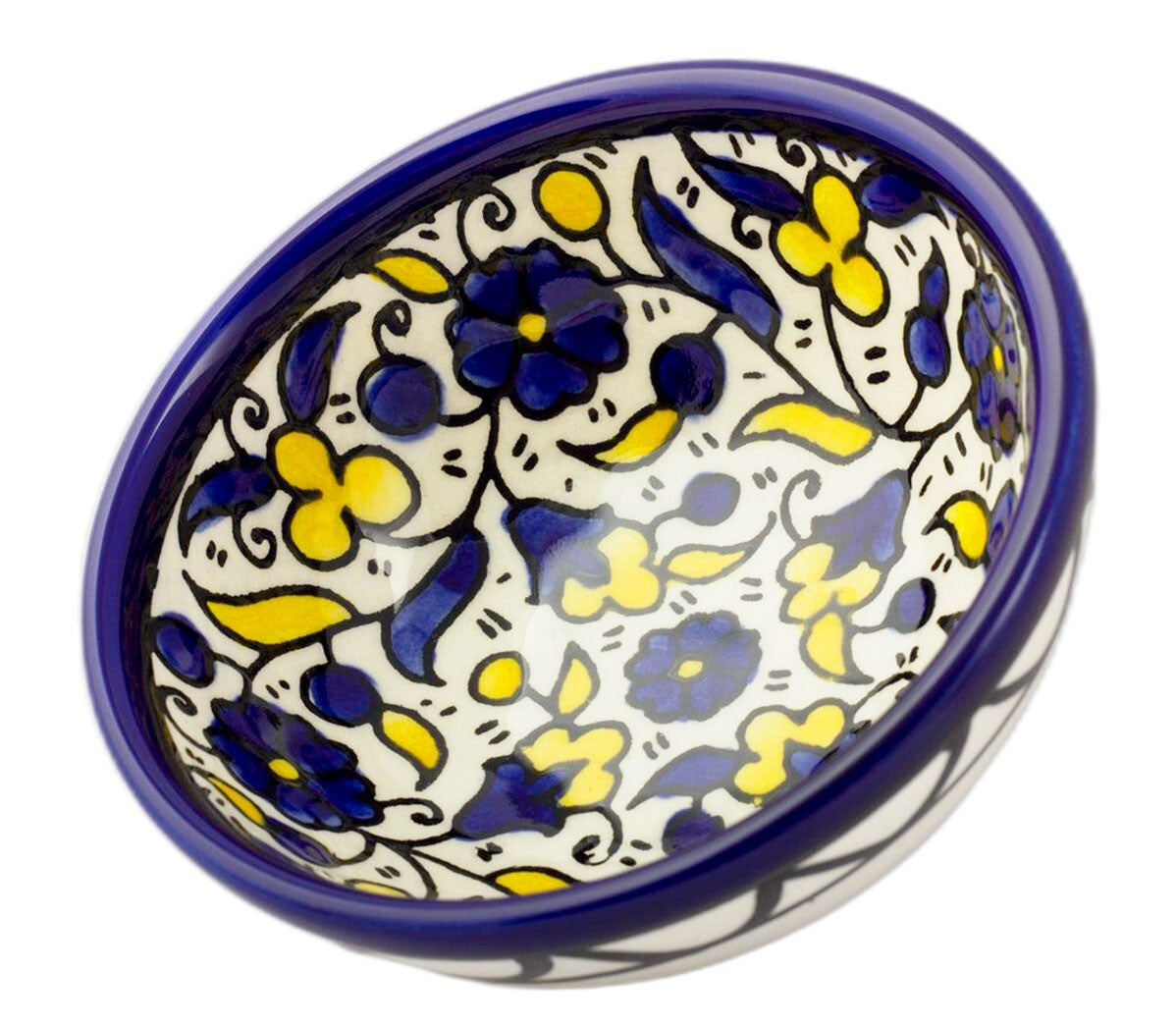 Floral Small Armenian Ceramic Dipping Bowl from Jerusalem - Yellow & Blue - 3"/8cm