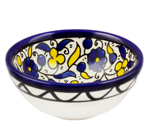 Floral Small Armenian Ceramic Dipping Bowl from Jerusalem - Yellow & Blue - 3"/8cm