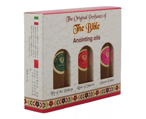 Three-piece anointing oil set Lily of the Valleys, Rose of Sharon, and Queen Esther for spiritual rituals and Christian worship.
