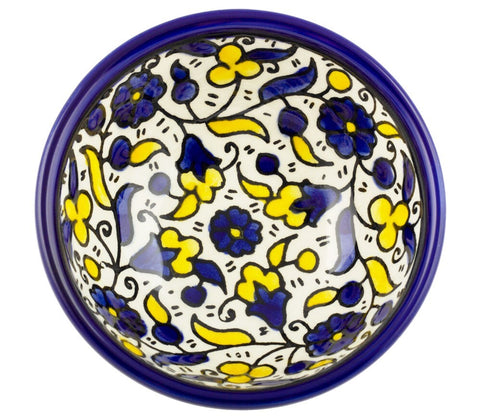 Floral Small Armenian Ceramic Dipping Bowl from Jerusalem - Yellow & Blue - 3"/8cm