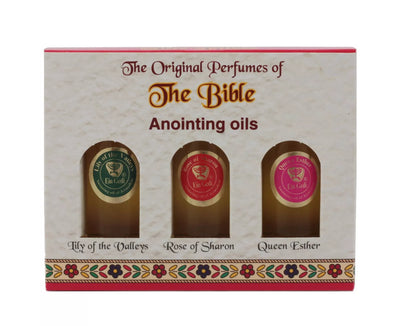 Religious gift set of biblical anointing oils from Ein Gedi — includes Lily of the Valleys, Rose of Sharon, Queen Esther oils.