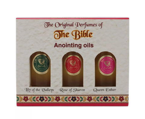Religious gift set of biblical anointing oils from Ein Gedi — includes Lily of the Valleys, Rose of Sharon, Queen Esther oils.
