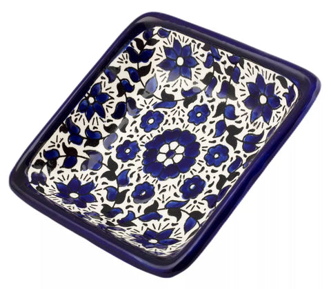 Blue Floral Shalom Armenian Ceramic Tray Small Pottery Enamel Decorative 4" x 4"