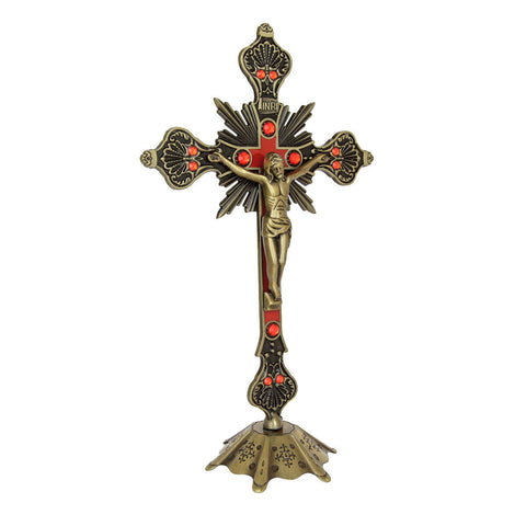 Antique Brass Copper Altar Standing Crucifix Cross from Jerusalem - 10"/25cm