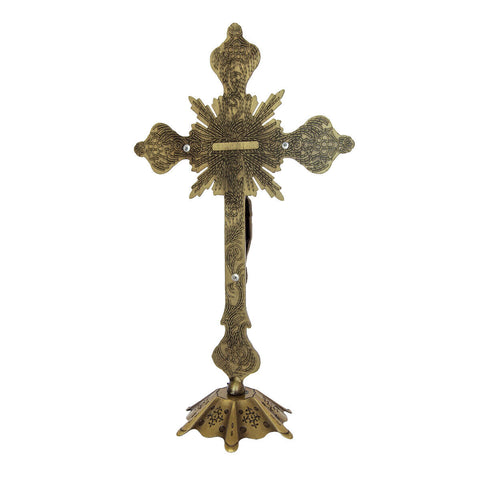 Antique Brass Copper Altar Standing Crucifix Cross from Jerusalem - 10"/25cm